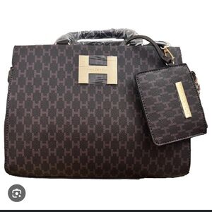 NWT H by Halston Vegan Leather Logo Heritage Satchel Handbag‎ Chain Strap Luxe